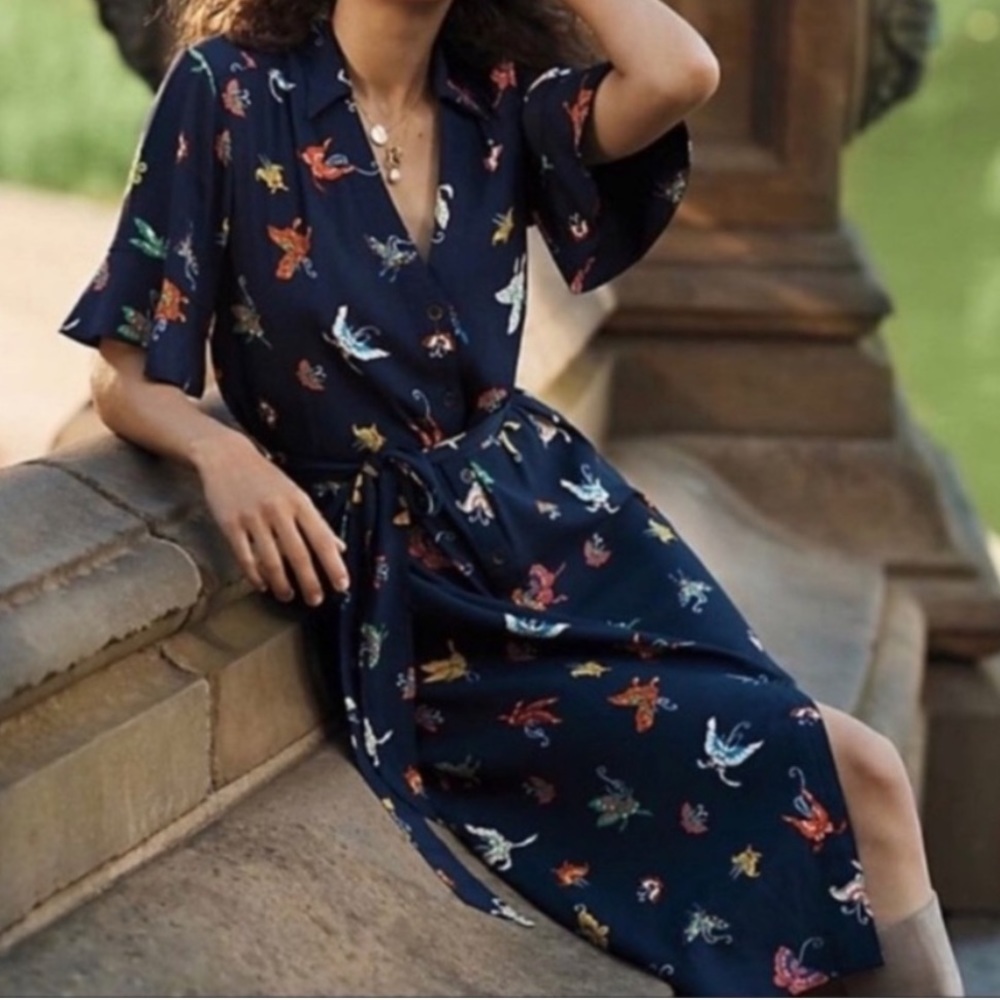 Anthropologie Maeve Flutterby Shirtdress Belted Midi Dress Butterfly Print Sz M